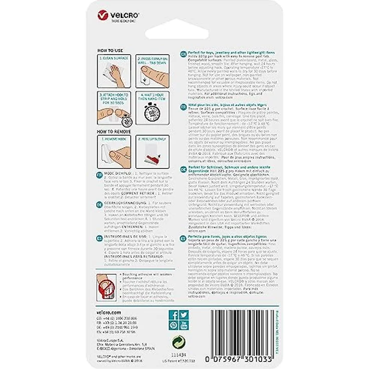 VELCRO Mikro-Klebe-Haken, wiederablösbares Klebeband für glatte Oberflächen, 225g, 8 St. – Bild 4
