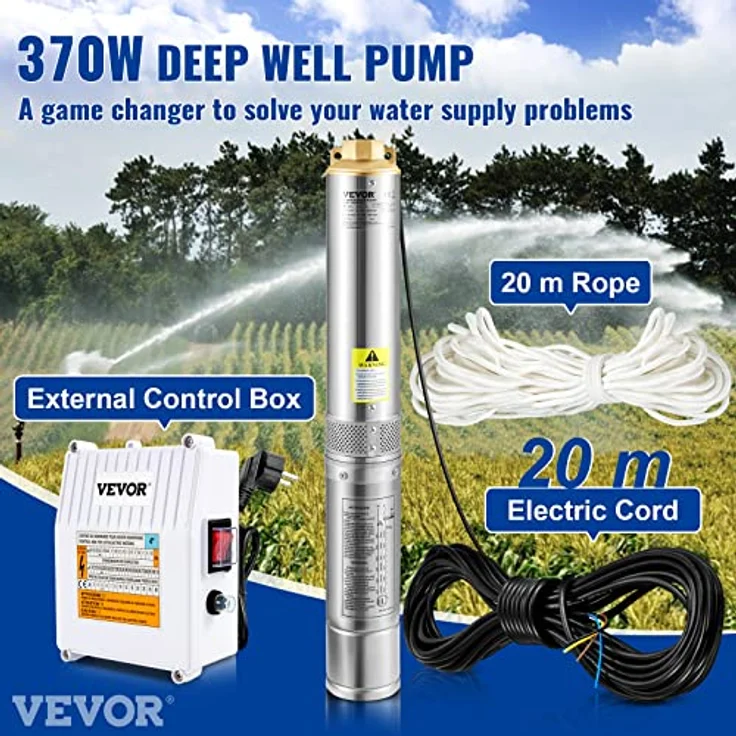 VEVOR 4" Tiefbrunnenpumpe 370W Brunnenpumpe 110L/min Tauchpumpe max. Förderhöhe 44m Rohrpumpe 230V 50Hz Sandpumpe Edelstahl Wasserpumpe 0-40℃ Pumpe Ideal zum Bewässern Wasser-Versorgen Entwässern – Bild 2