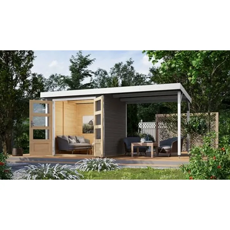 CHILLROI® Hybrid Gartenhaus Hollywood inkl. Fußboden optional mit Anbau Gartenlaube Geräteschuppen Gartenhütte (Terragrau mit Anbau)