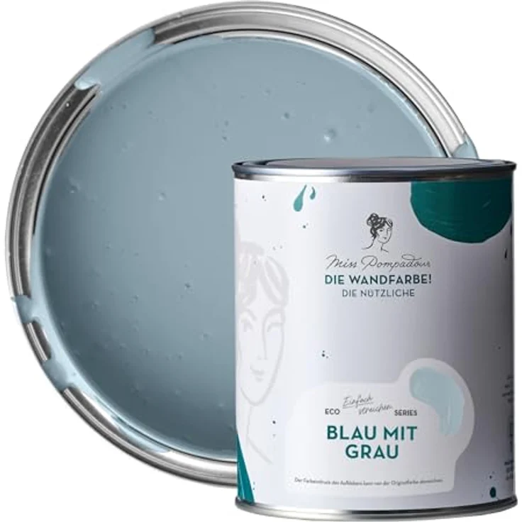 MissPompadour Wandfarbe Blau mit Grau, abwaschbare, scheuerbeständige Wandfarbe mit hoher Deckkraft, 1 L, wasserbasiert – Bild 1