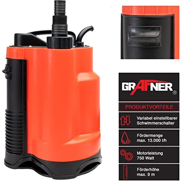 Grafner Drainage Tauchpumpe 750 Watt bis 13000 l/h, mit Schwimmschalter, flachabsaugend bis 25 mm, Ø16mm Fremdkörper, Schacht Druckpumpe Rot – Bild 2
