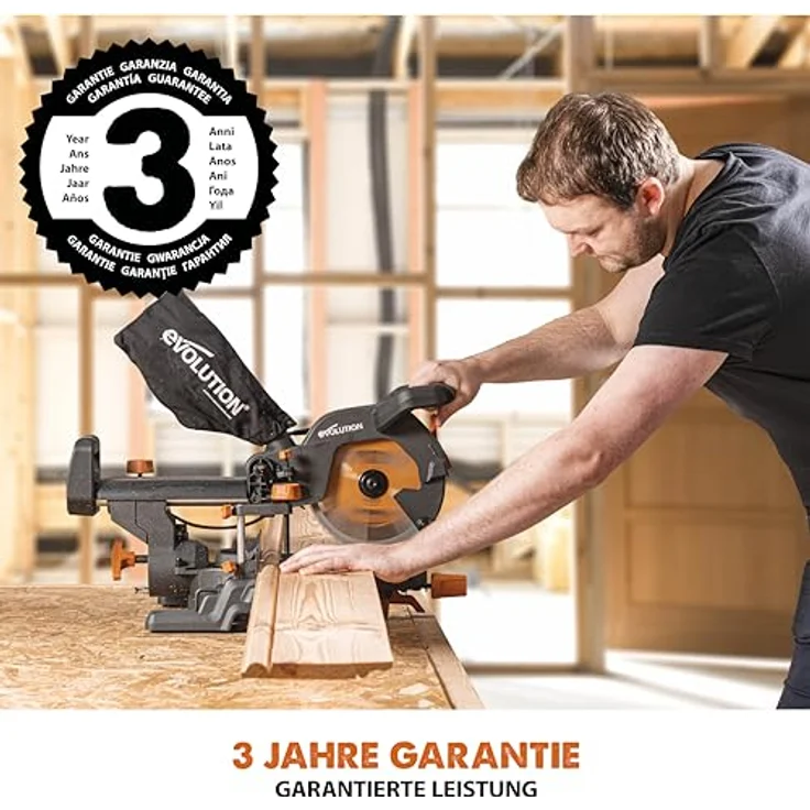 Evolution Schiebe-Kapp- und Gehrungssäge R210SMS+, 1500 W, 230 mm Schlitten, präziser Multimaterialschnitt mit Ø 210 mm HM/TCT Sägeblatt, Schrägschnitt und Gehrungswinkeln – Bild 3