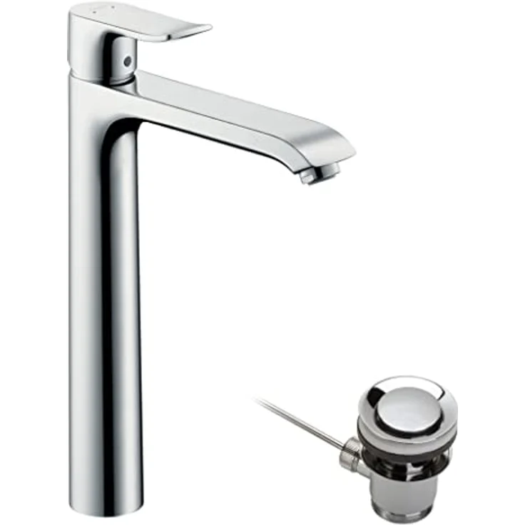 hansgrohe Metris 260 Spültischarmatur, chrom, mit Normalstrahl und Zugstangen-Ablaufgarnitur, für Waschschüsseln – Bild 1