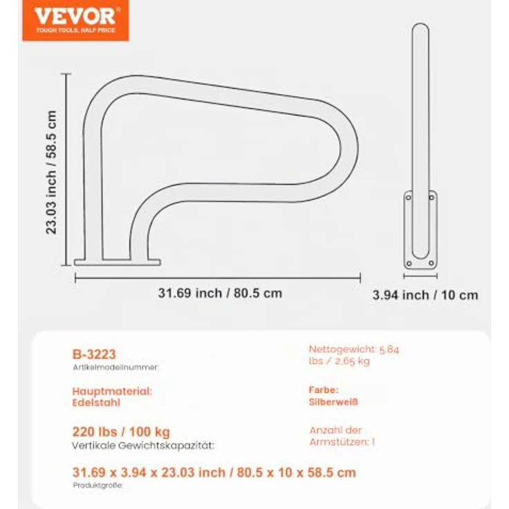 VEVOR Pool-Handlauf, 805 x 100 x 585 mm, Edelstahl Pooleinstieg mit Grundplatte, rostfreier Haltegriff für Innen-/Außenpools, Tragfähigkeit 220 lbs / 100 kg, Farbe Silberweiß – Bild 7