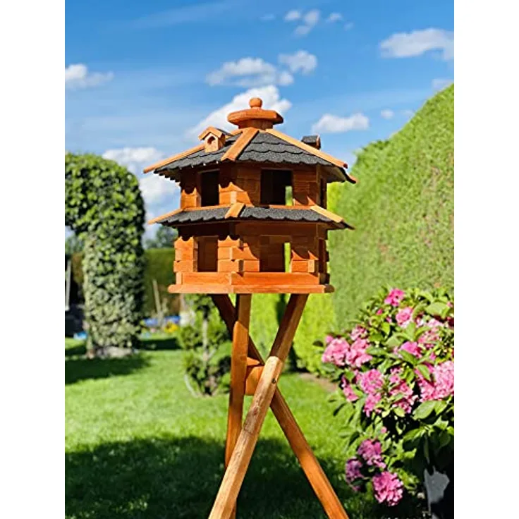 Vogelvilla L Futterstelle Sechseck Doppelstock Vogelhaus + Ständer Braun-Schwarz