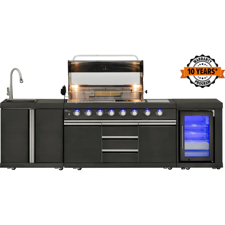 Mustang Black Diamond 6+2 Gasgrill mit Kühlschrank, 31.50 kW, 6 Brenner, Edelstahl, schwarz