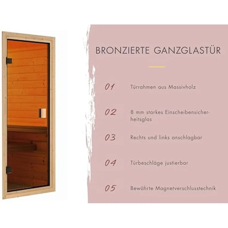 Karibu Innensauna Danika, kompakte Sauna mit 3,6 kW Saunaofen und integrierter Steuerung, bronzierte Ganzglastür, 2 Liegen aus Fichte, Eckeinstieg – Bild 5