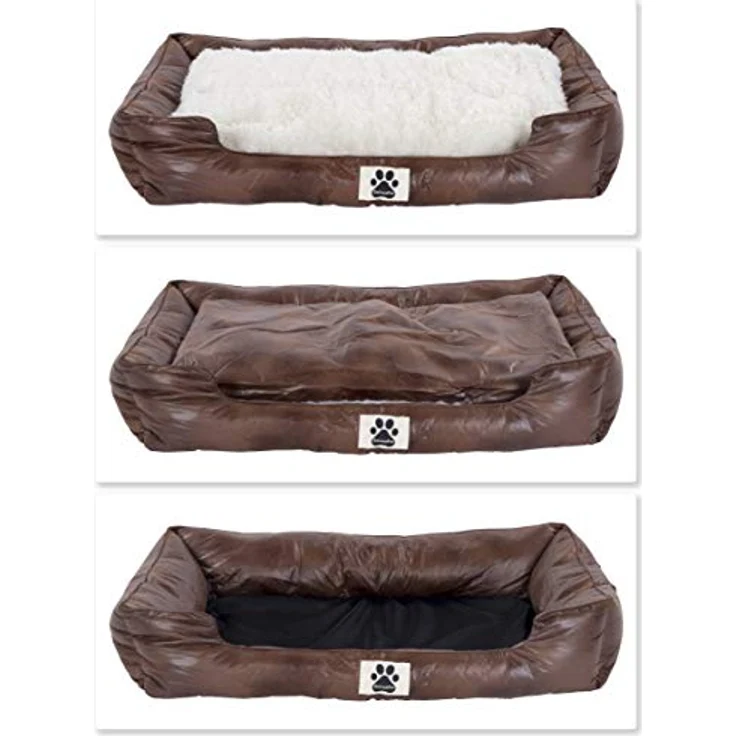 M&L Handel DeluxePet 'Schlummer' Hundebett braun 80x60 aus Kunstleder mit 2in1 Wendekissen, Hundekissen für große Hunde mit Einer Fell und Leder Seite, Seiten weich gepolstert, Anti-Rutsch Rückseite – Bild 2