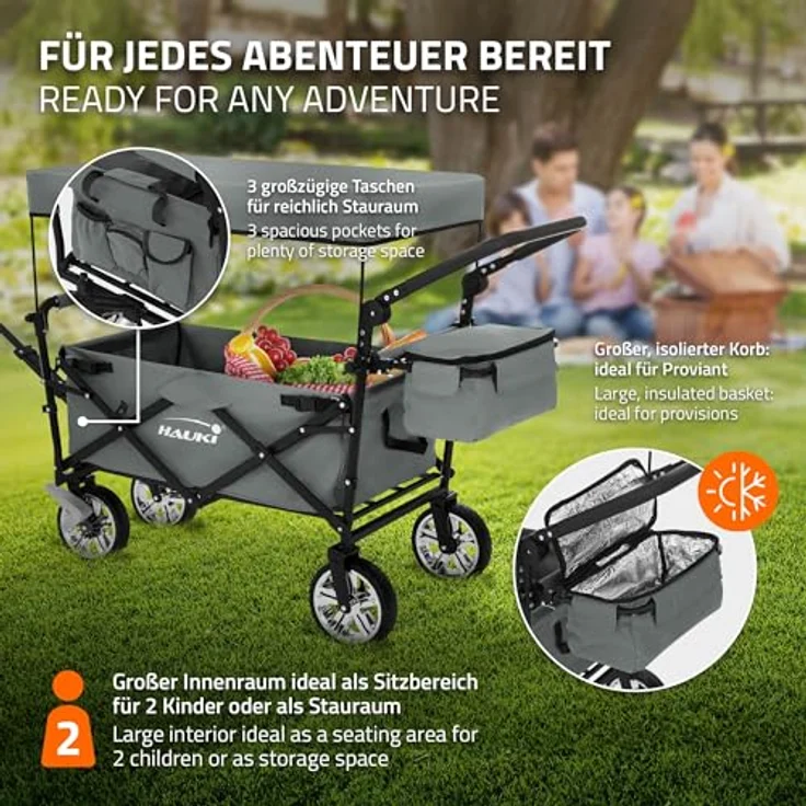 Hauki Bollerwagen XXL faltbar mit abnehmbarem Dach, grau, Kinder Transportwagen mit 360° drehbaren Vorderrädern und PU Rädern, Tragkraft 150 kg, inkl. Tasche und Getränkehalter – Bild 5