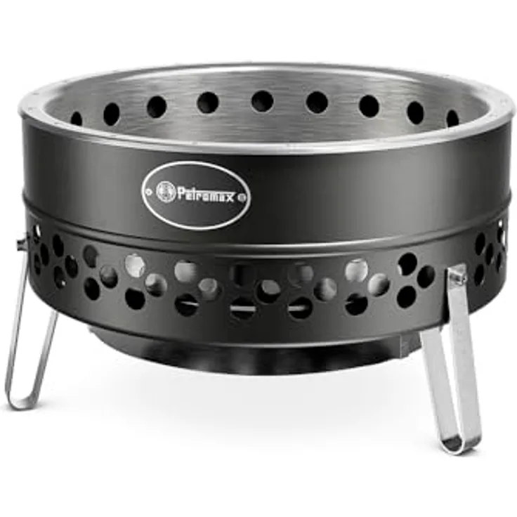 Petromax Tyropit Feuerschale Schwarz – Edelstahl Feuerkorb mit Hitzeschild, standfest und rußarm, 34,9 × 57 × 57 cm