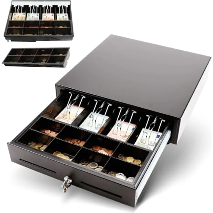 Olympia LD 410AT Kassenschublade | Geldkassette abschließbar mit Einwurfschlitz | RJ12-kompatibel | 8 Münz- & 4 Scheinfächer + Halteklammern | Metallgeldbox für Handel & Gastronomie | 41,5x41x10,4 cm, schwarz