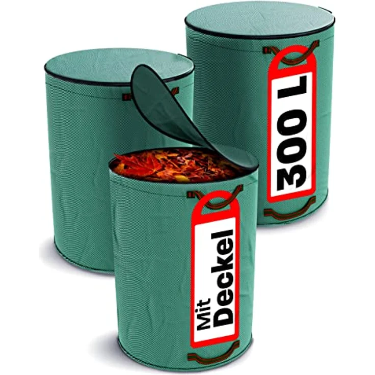 3x Gartenabfallsack 300 Liter Mit Deckel - Laubsack Mit 4 Reißfesten Griffen - Stabil - Faltbar - Wiederverwendbar - Robustes Polypropylen – Bild 1