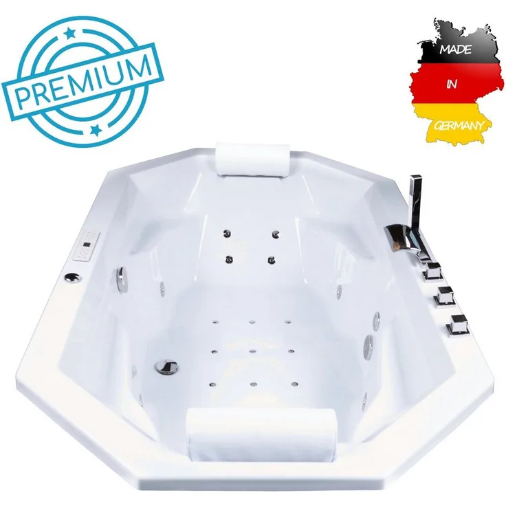 Basera® Whirlpool-Badewanne PREMIUM Indoor Podest-Whirlpool Badewanne Bora Bora 200 x 115 cm, mit 24 Massagedüsen, Heizung, Ozongenerator, Hochglanz-Weiß