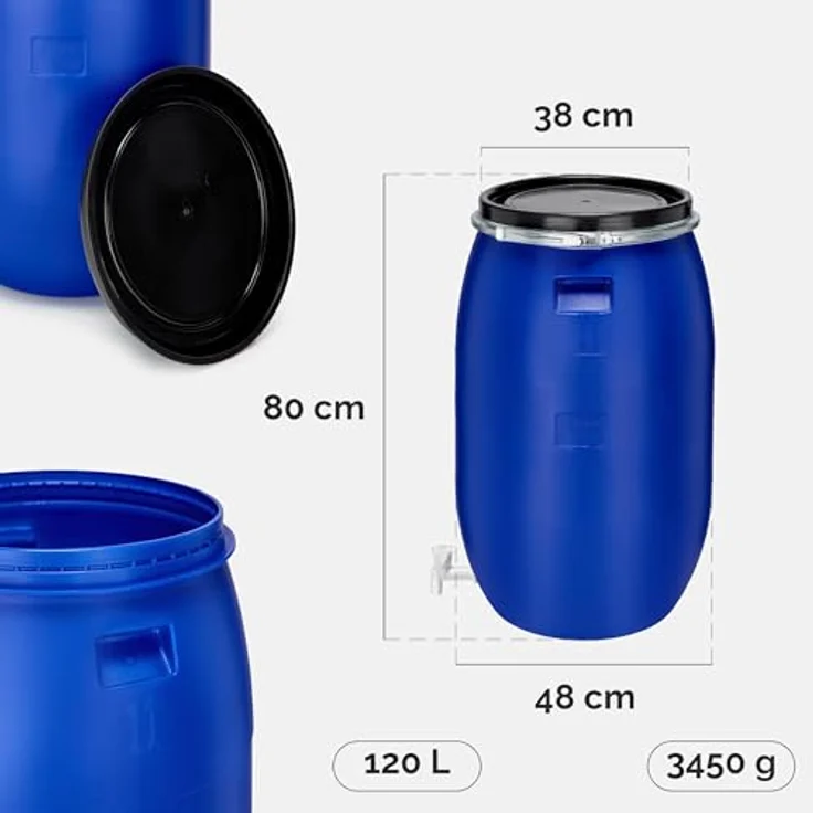 Garronda GD-0091, 120 Liter Regentonne mit Deckel und Hahn, HDPE Wasserfass in Blau, chemikalienbeständig und wetterfest – Bild 2