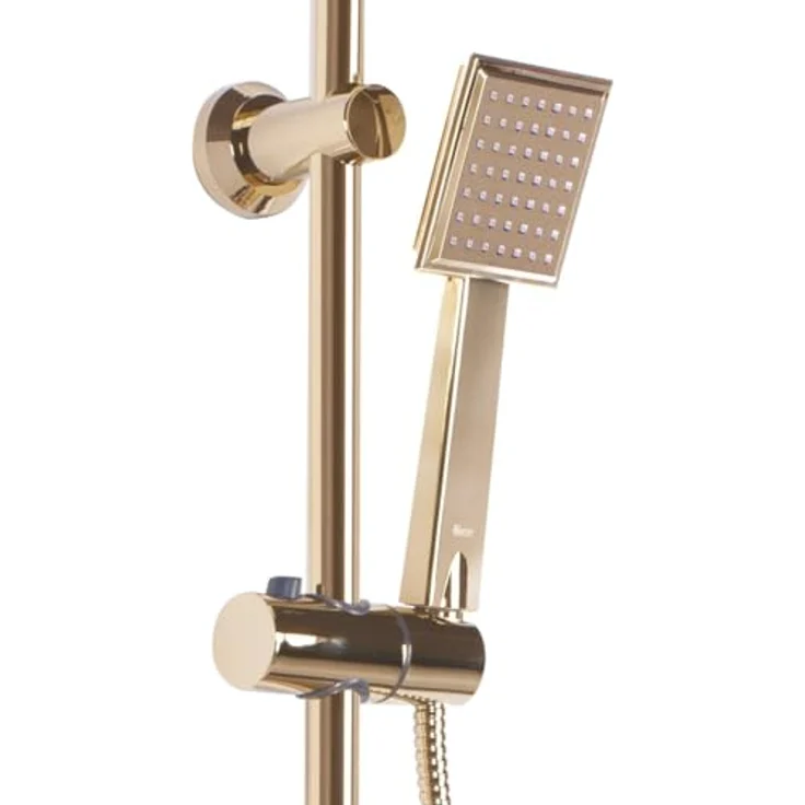 Rea Duschsystem Bravo Gold, Duschset mit Messing-Duscharmatur, Duschkopf und Kopfbrause, Aufputzmontage, Anti-Kalk, gold – Bild 4