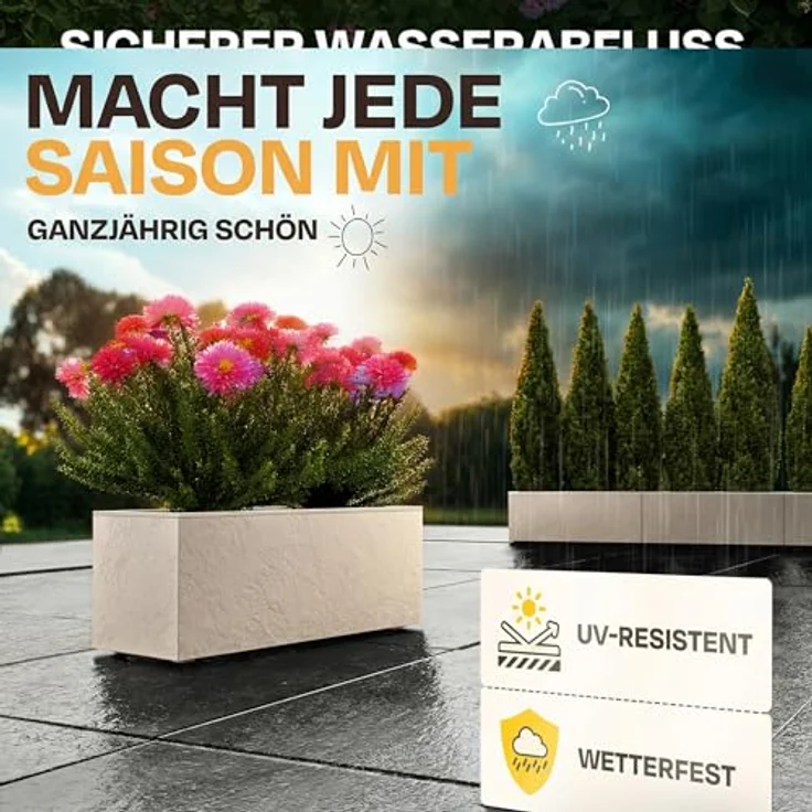 Ondis24 Pflanzkübel Vulkano, 2er Set mit 50L Volumen, rechteckig, mit Wasserspeicher, witterungsbeständig, für Balkon und Terrasse, Leinenstruktur – Bild 5