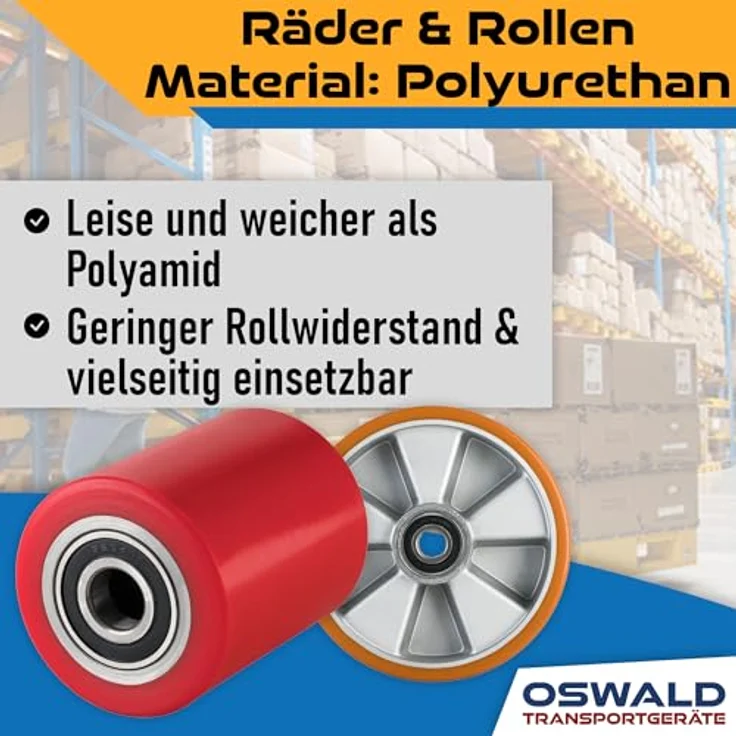 OSWALD Transportgeräte Gabelhubwagen Räder & Rollen Satz, Polyurethan Tandem, 2 Lenkräder & 4 Lastrollen, Tragkraft 750 kg, inkl. Kugellager – Bild 4