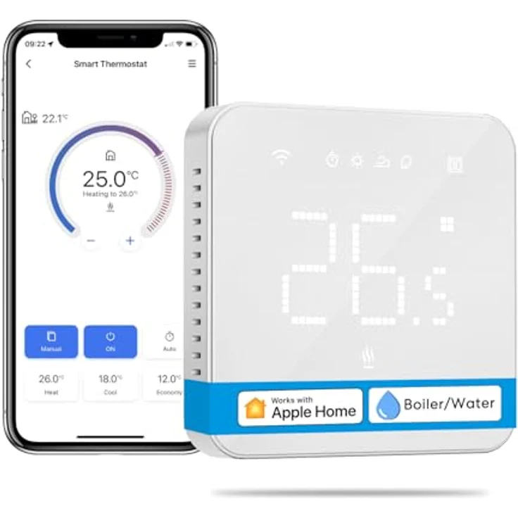 meross Smart Thermostat Boiler, Digitales WiFi Thermostat mit Sprachsteuerung für HomeKit, Siri, Google und Alexa, 0.1℃ Genauigkeit, abgerundete Glasscheibe, pure weiße LED-Beleuchtung – Bild 1