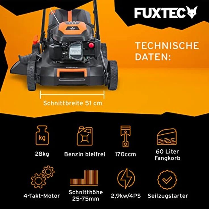 FUXTEC 4in1 Benzin Rasenmäher FX-RM5170-4PS/2,9kW | 51cm Schnittbreite & 7-stufige Höhenverstellung 25mm-75mm | 4-Takt Mäher mit Hinterradantrieb - 60L Grasfangkorb, Mulchfunktion & Seitenauswurf – Bild 3