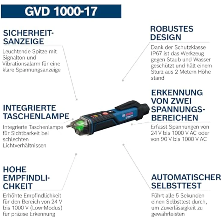 Bosch Professional GVD 1000-17, Hochleistungs-Spannungsprüfer mit IP67 Schutz, 24 V bis 1.000 V AC, rot/orange/grün leuchtende Spitze, Gürtelclip, Taschenlampe – Bild 3