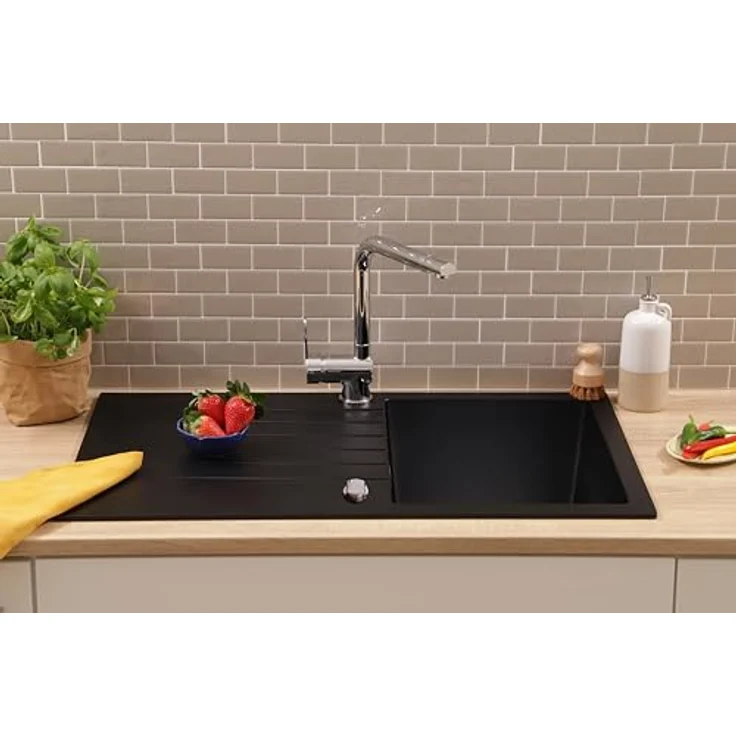 Respekta Almonto Küchenspüle Einbauspüle Granit 86 x 50 cm, Schwarz, mit integrierter Abtropffunktion und hoher Kratzfestigkeit – Bild 2
