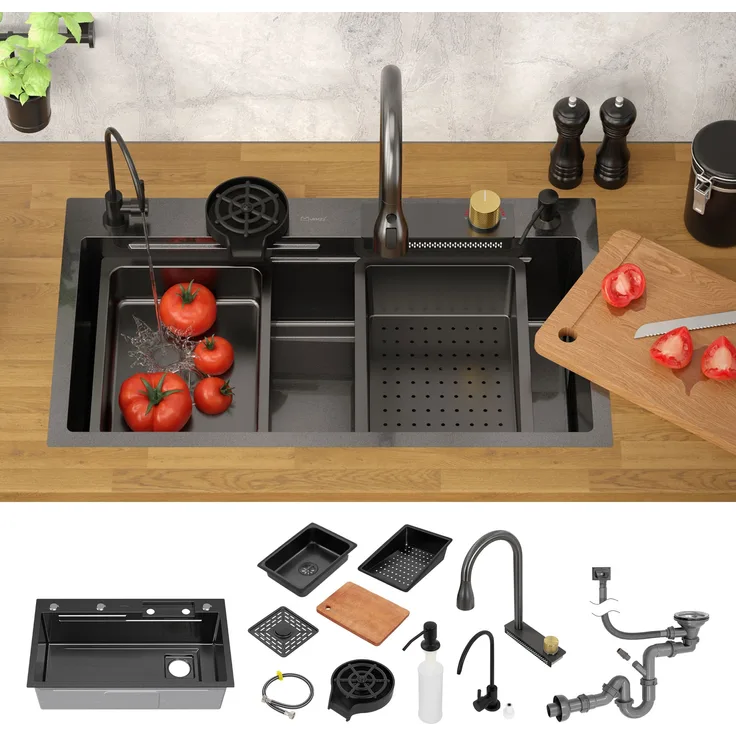 ML-Design Spülbecken Edelstahl Anthrazit, 80x46 cm mit ausziehbarem Wasserhahn und 8 Zubehörteilen