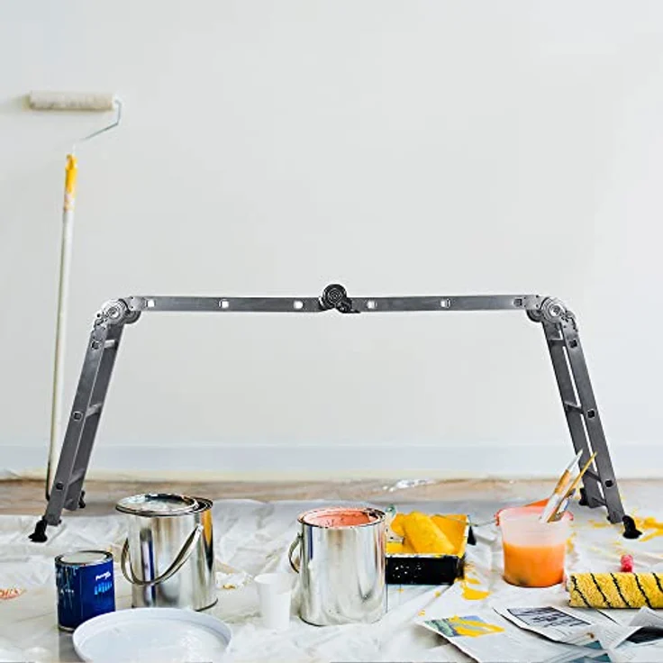 hjh OFFICE 801202 Mehrzweckleiter 12 Stufen mit 2 Gerüstplatten SOLID W3 Aluminium 345cm Gelenkleiter bis 150kg belastbar, Silber – Bild 2