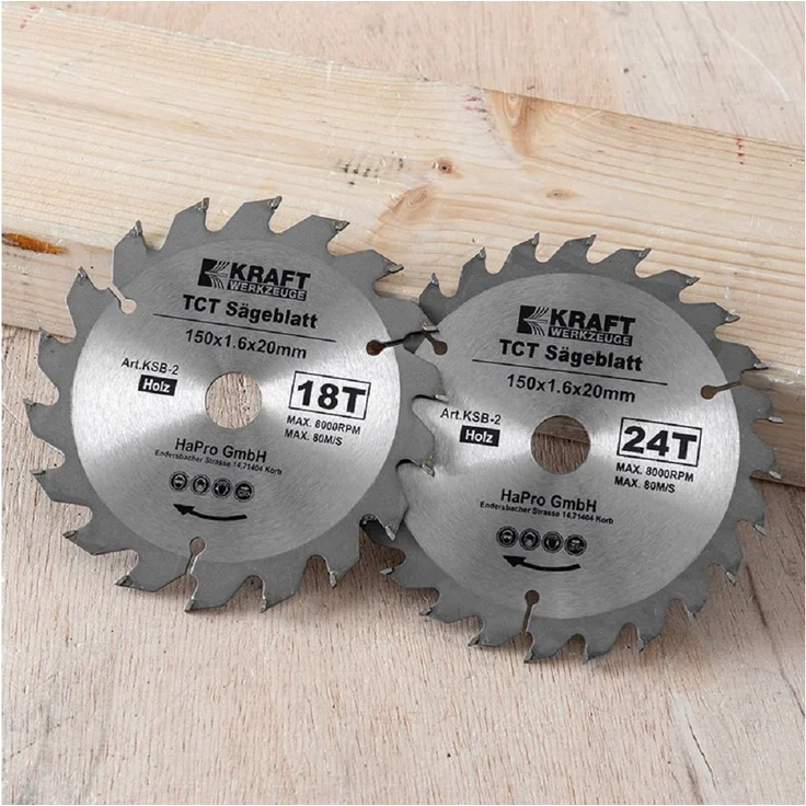 Kraft Werkzeuge Handkreissägeblatt 2er-Set, Sägeblätter mit Hartmetallbestückung für grobe und feine Schnitte, inklusive Reduzierring