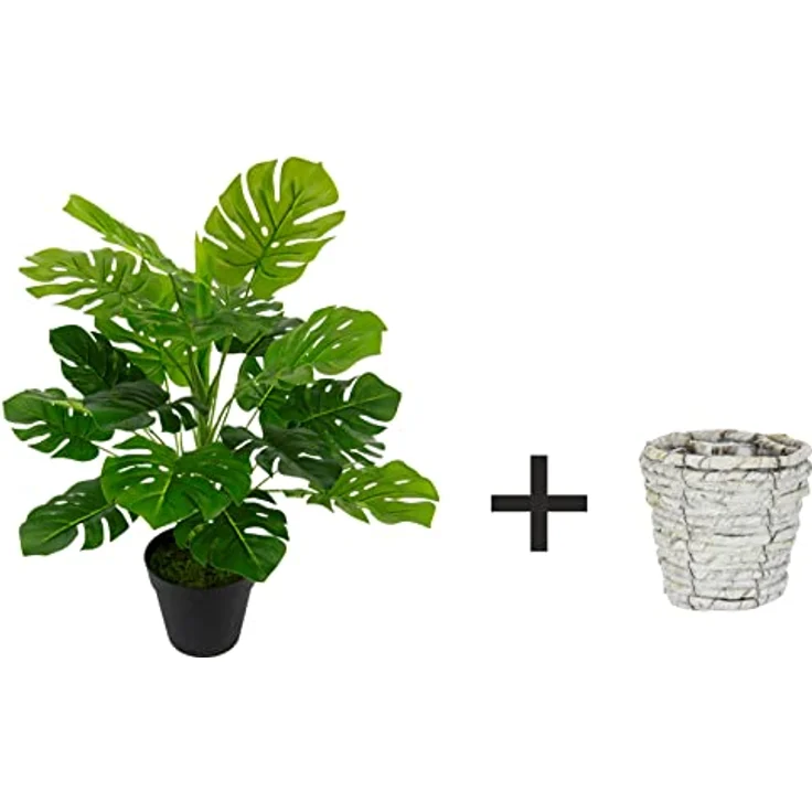 Flair Flower Künstliche Splitphilo-Pflanze mit Übertopf Monstera Deko Kunst-Pflanze Seidenblumen Seidenpflanzen Real Touch grün groß Grünpflanze Büropflanze, 044472GN, 46x35x35 cm – Bild 2