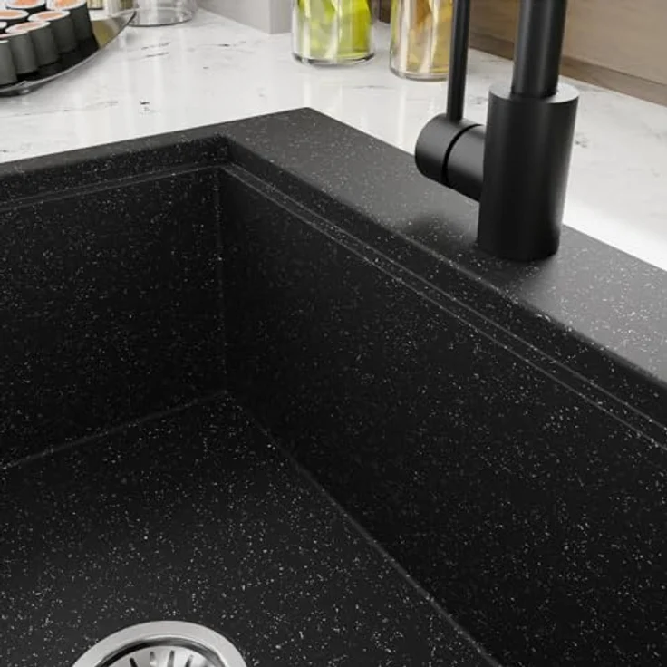 QLS Küchenspüle Comfort 0.0L, Granit-Spülbecken, 58x49,5cm mit Siphon, langlebig und kratzfest, Schwarz – Bild 4