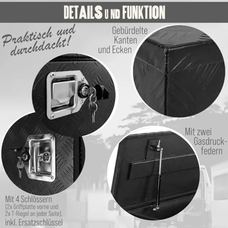 Trucky P900 Werkzeugbox, Aluminium Deichselbox Schwarz, 196 x 59 x 80 cm mit Schloss und wasserdichtem Design – Bild 4