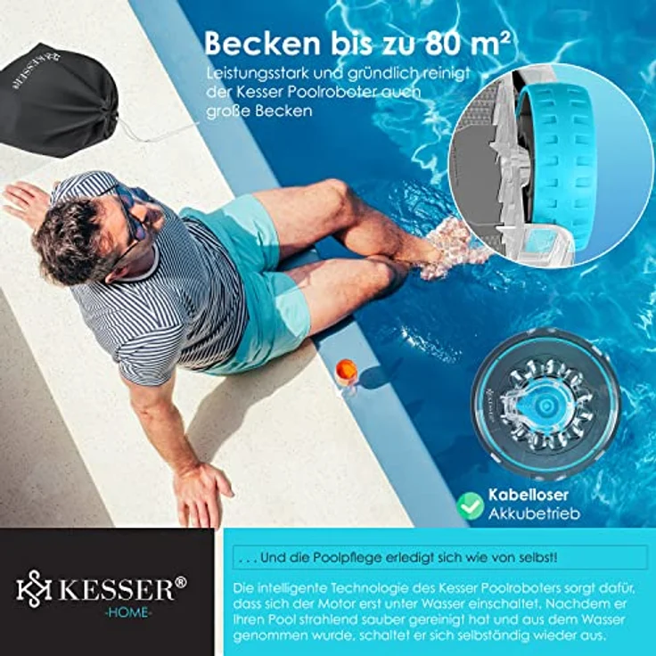 KESSER® Poolroboter Poolreiniger Akku Aqua-9000 inkl. Transporttasche Pool Roboter für bis 80m² Pools, Li-Ion Akku max. 75 min, Kabellos Poolsauger Bodenreinigung Vollautomatisch Bodensauger Anthrazit – Bild 3