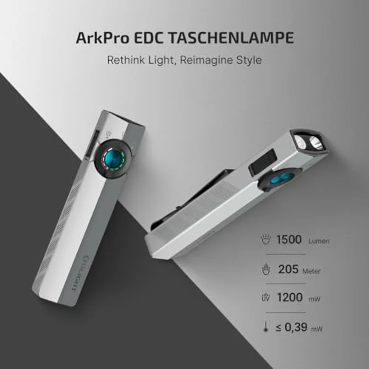 OLIGHT ArkPro Taschenlampe, 1500 Lumen, IPX7 Wasserdicht, 205m Leuchtweite, aufladbar mit Grünlicht und UV-Funktion, Silbergrau – Bild 2