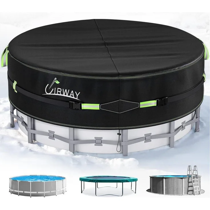 LuxusKollektion Poolabdeckung Winterabdeckung 420D, Rund 640 cm mit Kordelzug und winddichten Seilen, Schwarz