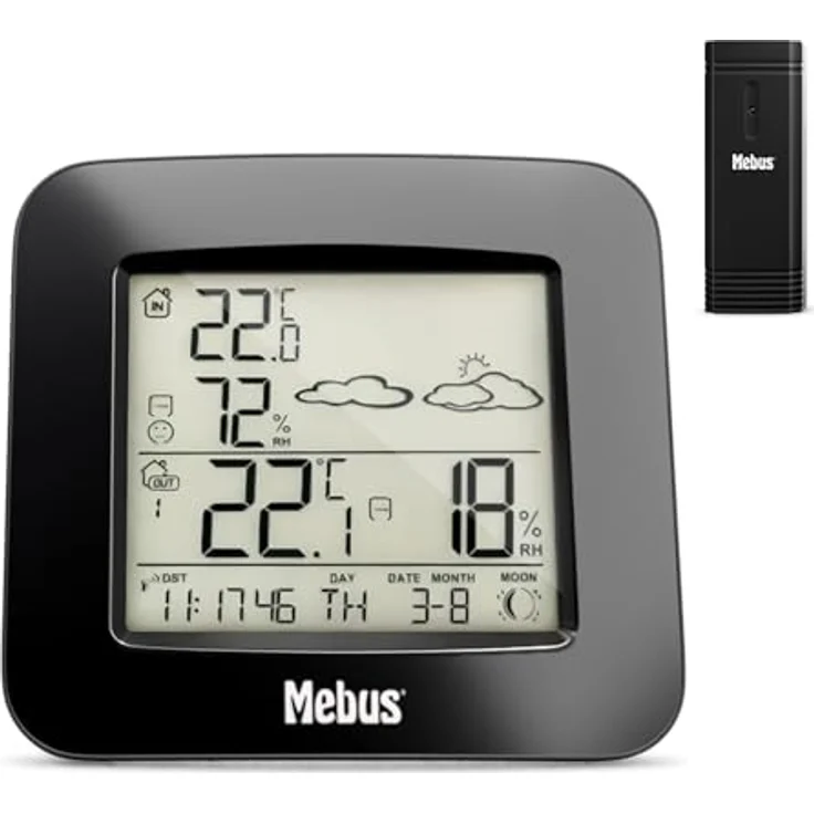 Mebus Funk-Wetterstation, digitales Innen- und Außenthermometer mit Hygrometer, Wettervorhersage und Mondphasenanzeige, schwarz – Bild 1