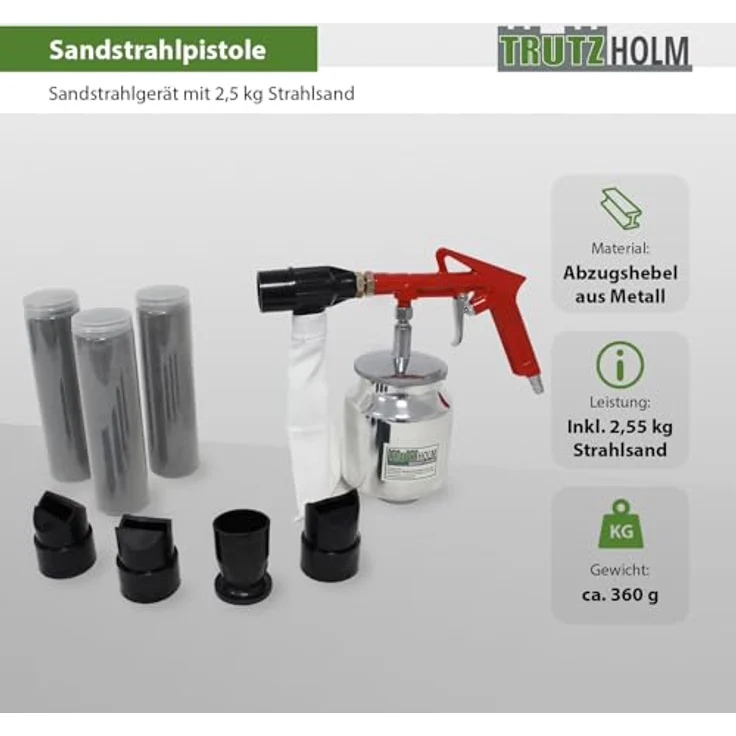 TrutzHolm® Druckluft Sandstrahlpistole Luftdruck Sandstrahlgerät 4 Düsen (Flächen- Punkt- Außenkanten- Innenkantendüse), 2,5kg Strahlmittel, 1x Auffangbeutel – Bild 2