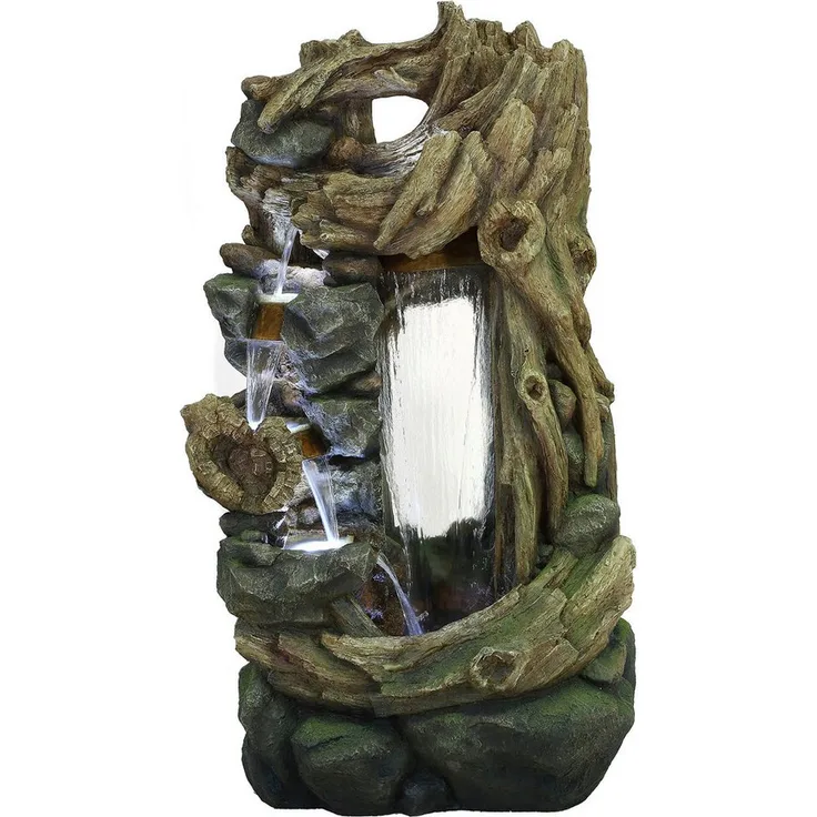 AcquaArte Gartenbrunnen Wasserfall SARTENE, Komplettset mit LED-Beleuchtung und Pumpe, natürliche Baumstamm-Optik