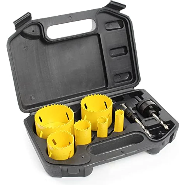 XPOtool 9-teiliges HSS Bi-Metall Lochsägen Set 16-68 mm, robustes Set für Holz, Weichmetall und Kunststoffe, inklusive Aufnahmedorne und Adapter, titanbeschichtet – Bild 1