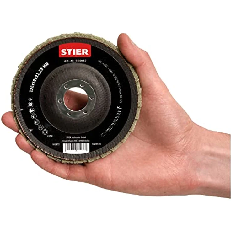 STIER Vlies Fächerschleifscheiben, 125 x 18 x 22,23 mm, grob, 5 Stk., kühler Schliff bei 12.200 RPM, für Edelstahl – Bild 5