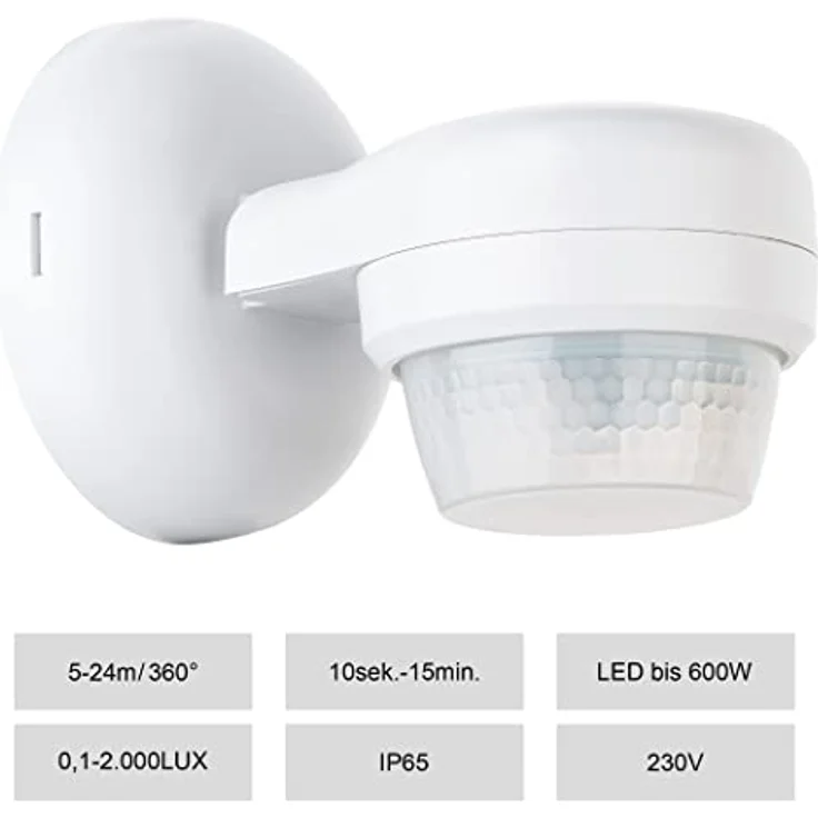 SEBSON® Bewegungsmelder Aussen IP65 - Aufputz, LED geeignet, IR Bewegungssensor programmierbar, max. 24m Reichweite / 360°, 3-Draht – Bild 3