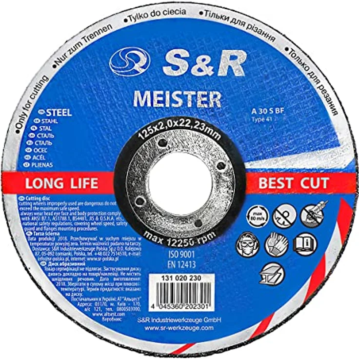 S&R Trennscheiben für Metall 125 x 2,0 x 22,23 mm, 25 tlg Set, Hochleistungs-Elektrokorund, 2-fach Fiberglas-Verstärkung, zertifizierte Profi Flexscheiben für Winkelschleifer – Bild 2