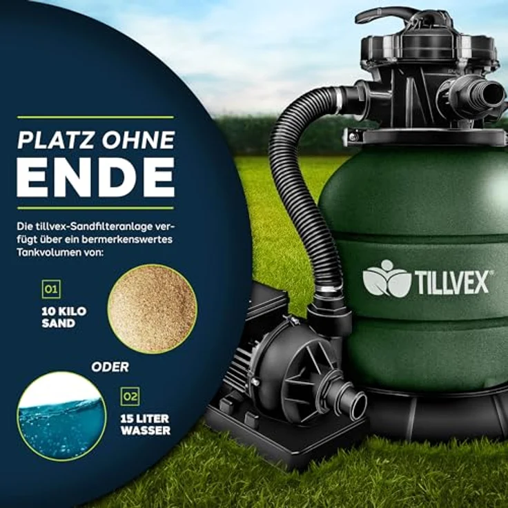 tillvex Sandfilteranlage 7.900L/h, Filteranlage mit 400g Filterbällen, Pumpe und 7-Wege Ventil für Pool und Schwimmbecken – Bild 3