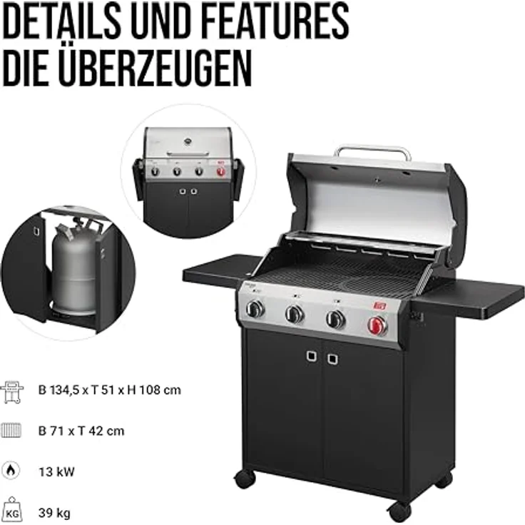 Enders® Gasgrill Chicago Next 4 R Turbo, 4-Edelstahlbrenner, doppelwandige Garhaube, Switch Grid™, 800° Turbo Zone™, schwarz – Bild 4