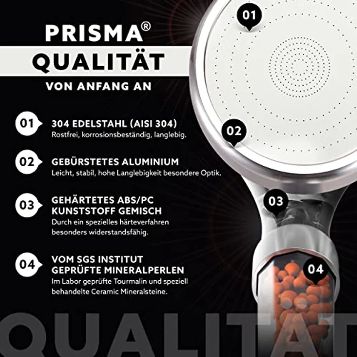 PRISMA Duschkopf Regendusche Handbrause wassersparend für mehr Wasserdruck – Brausekopf, Regendusche und Massage Funktion – Bild 2