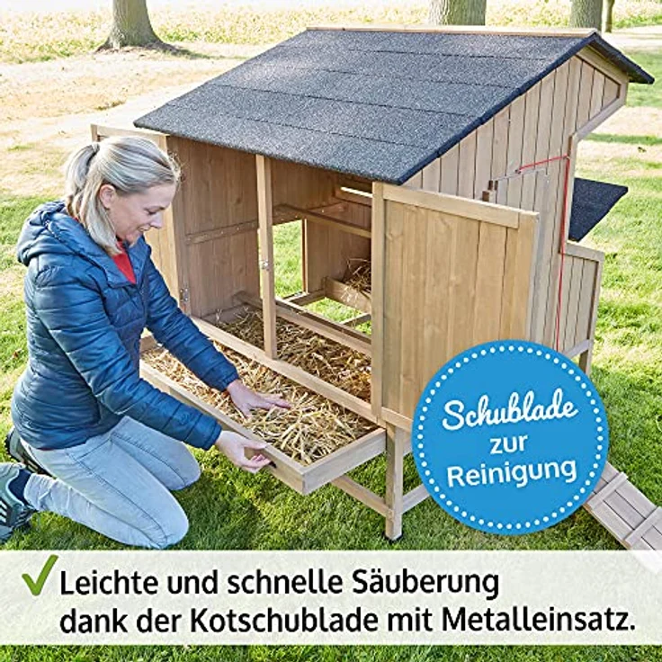 Zooprinz Hühnerstall Berghof, geräumig mit breitem Nistkasten und Klappdach, 110x130x110 cm, Massivholz, mit Falltür und herausziehbarer Kotschublade – Bild 4