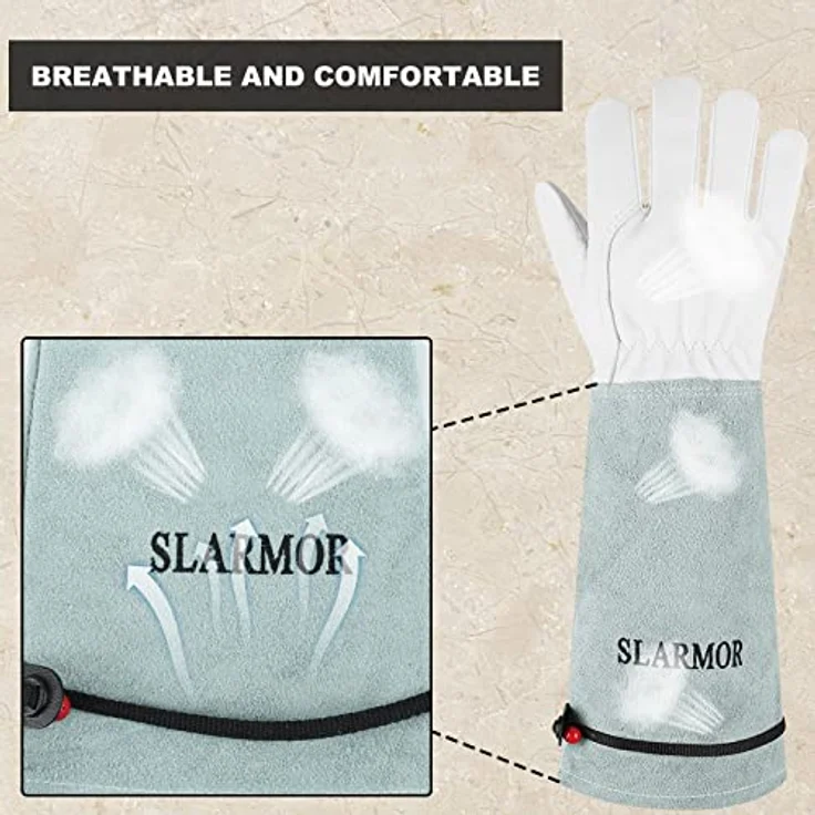 SLARMOR Gartenhandschuhe aus Leder, dornensicher mit Unterarmschutz, lange Rindsleder Arbeitshandschuhe für Damen und Herren, ideal zum Beschneiden von Rosen und anderen Pflanzen – Bild 5