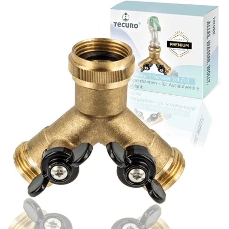 tecuro 2-Wege Y-Verteiler 3/4 Zoll, Bewässerungssystem mit 2 Absperrhähnen, schwere Vollmessing-Ausführung