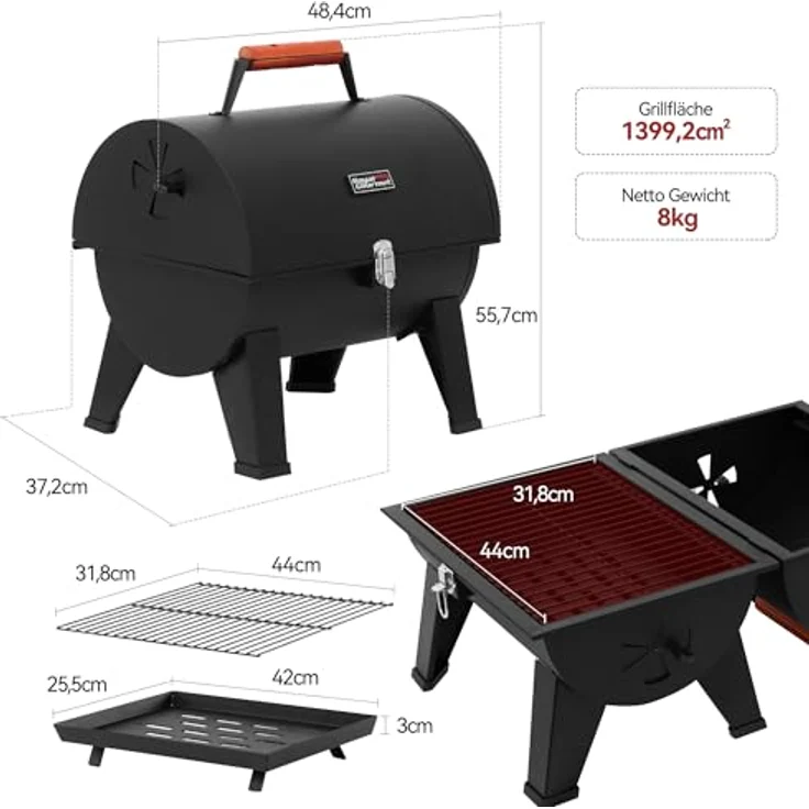 Royal Gourmet Tragbarer Holzkohlegrill mit doppelseitigen Kochbereichen, 44x31,8 cm Grillfläche, Schwarz – Bild 3