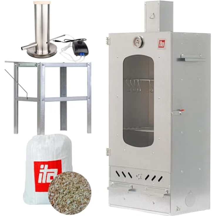 ITA Räucherofen 7012, Smoker Set mit Rauchgenerator, Tisch und Räucherspänen, 3 Etagen, legierter Stahl, Sichtfenster, Kaminabzug, EU Qualität – Bild 1