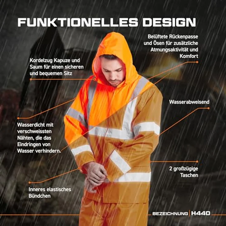 Portwest Warnschutz-Regenjacke, Größe XXL, Orange, wasserfest, EN ISO 20471 Class 3, H440ORRXXL – Bild 4